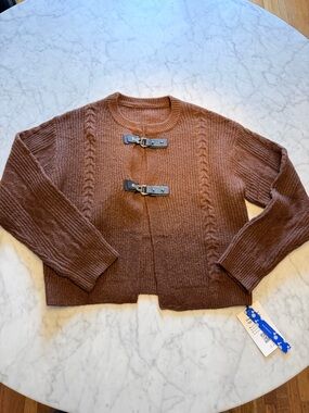 Brown Metal Toggle-Front Women's Cardigan Sweater